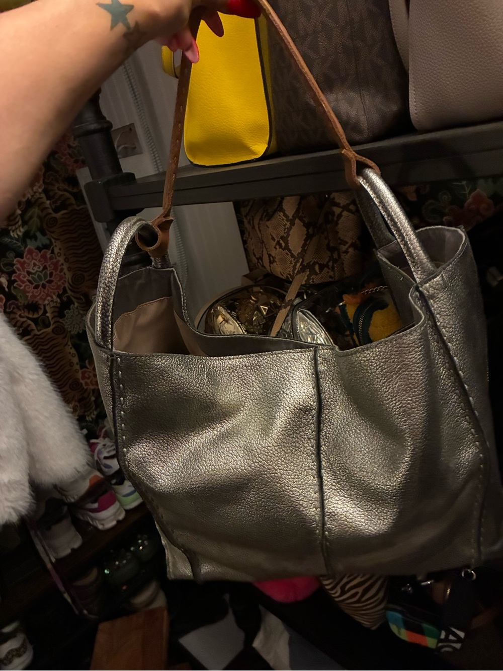 The Sak  Metallic Silver Leather Tote Bag with Brown Handles